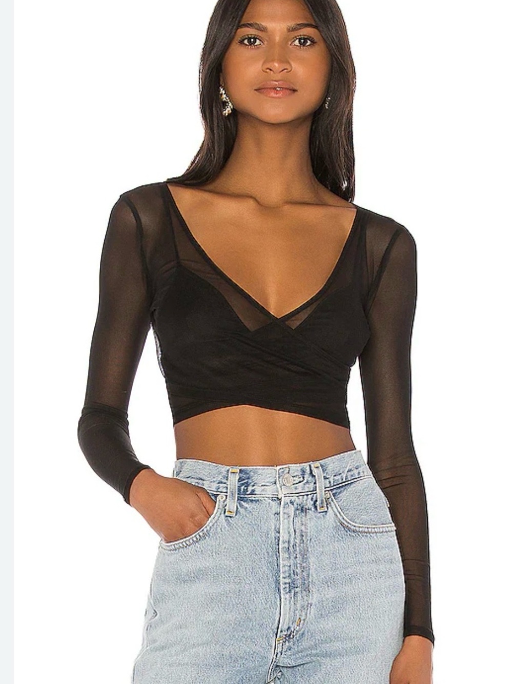 Superdown XS Sheer Long-Sleeve Black Cropped Wrap Top